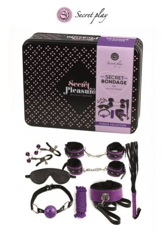 Kit bondage complet Améthyste Captive de 8 pièces violettes avec son coffret métallique Secret Play.