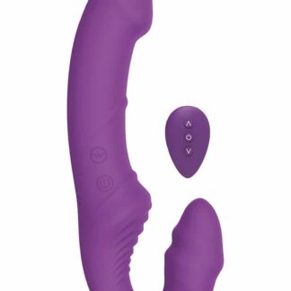 Gode ceinture vibrant anatomique Appel du Désert en silicone violet avec sa télécommande sans fil assortie.