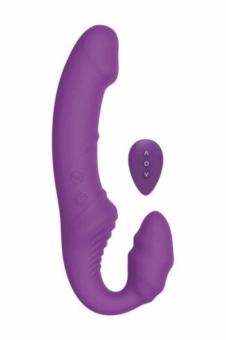 Gode ceinture vibrant anatomique Appel du Désert en silicone violet avec sa télécommande sans fil assortie.