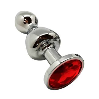 Petit plug anal bijou en métal avec strass rouge et design double boule Bijou de Nuit.