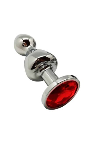 Petit plug anal bijou en métal avec strass rouge et design double boule Bijou de Nuit.