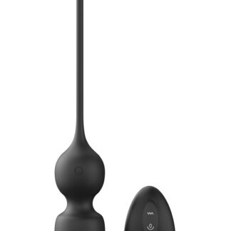 Duo Bijou Interne de L'Oasis des Plaisirs : boules de Geisha ergonomiques en silicone noir mat et leur télécommande sans fil assortie.