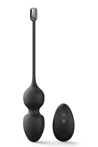 Duo Bijou Interne de L'Oasis des Plaisirs : boules de Geisha ergonomiques en silicone noir mat et leur télécommande sans fil assortie.