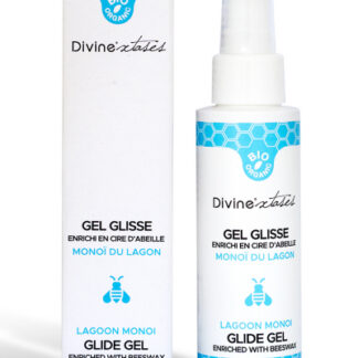 Lubrifiant bio au monoï Caresse Partagée de Divinextases, flacon pompe et emballage blanc avec détails bleus