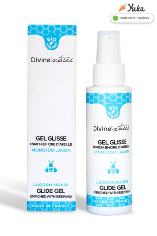 Lubrifiant bio au monoï Caresse Partagée de Divinextases, flacon pompe et emballage blanc avec détails bleus