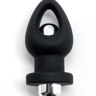 Plug vibrant en silicone noir Double Plaisir avec moteur bullet argenté amovible.