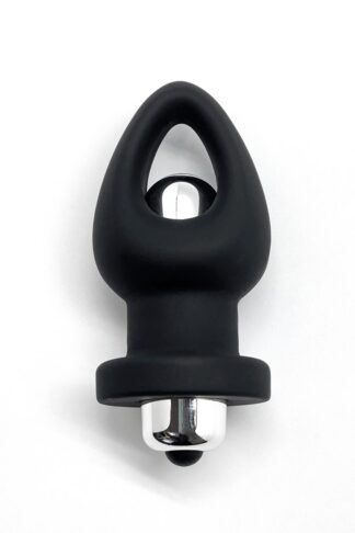 Plug vibrant en silicone noir Double Plaisir avec moteur bullet argenté amovible.