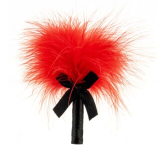 Mini plumeau érotique Frisson du Zéphyr en plumes naturelles rouges avec manche en satin noir et nœud décoratif.
