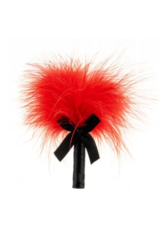 Mini plumeau érotique Frisson du Zéphyr en plumes naturelles rouges avec manche en satin noir et nœud décoratif.