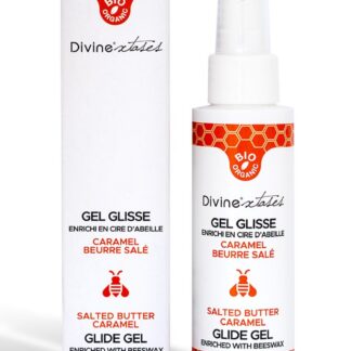 Lubrifiant bio L'Ambre Gourmand au caramel beurre salé Divinextases, flacon pompe et emballage avec logo Yuka Excellent 100/100.