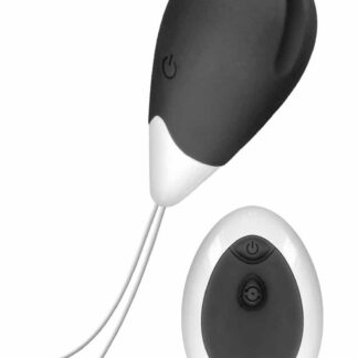 Œuf vibrant télécommandé L'Onde de Chaleur noir et blanc en silicone avec télécommande sans fil assortie.