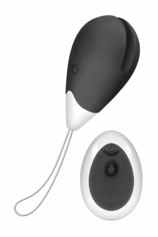 Œuf vibrant télécommandé L'Onde de Chaleur noir et blanc en silicone avec télécommande sans fil assortie.
