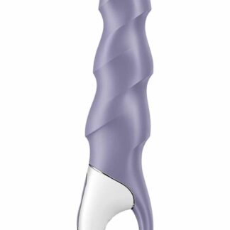 Vibromasseur gonflable L'Onde de Soie de Satisfyer, coloris bleu-gris poudré, corps torsadé et interface argentée