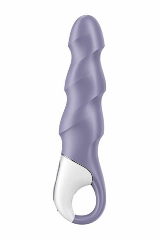 Vibromasseur gonflable L'Onde de Soie de Satisfyer, coloris bleu-gris poudré, corps torsadé et interface argentée