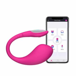 Oeuf vibrant connecté Lovense Lush 4 L'Écho des Dunes rose fuchsia avec son application de contrôle sur smartphone.