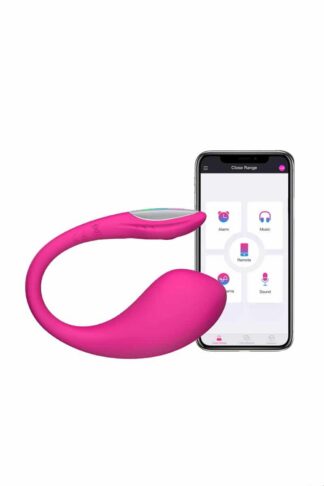 Oeuf vibrant connecté Lovense Lush 4 L'Écho des Dunes rose fuchsia avec son application de contrôle sur smartphone.