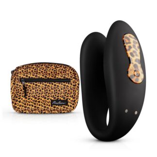 Vibromasseur pour couples en silicone Duo du Désert noir avec motif panthère et sa pochette assortie.