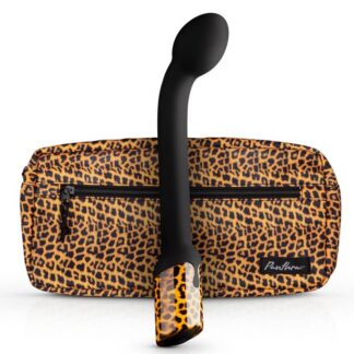 Vibromasseur point G puissant Le Lys de Jade en silicone noir et base motif panthère avec sa pochette assortie.