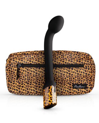 Vibromasseur point G puissant Le Lys de Jade en silicone noir et base motif panthère avec sa pochette assortie.