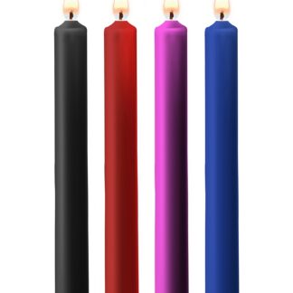 Lot de 4 bougies basse température SM Les Larmes de l'Oasis aux couleurs bleu, noir, rouge et violet.