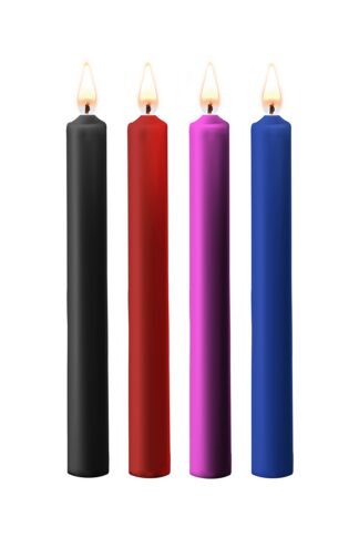 Lot de 4 bougies basse température SM Les Larmes de l'Oasis aux couleurs bleu, noir, rouge et violet.