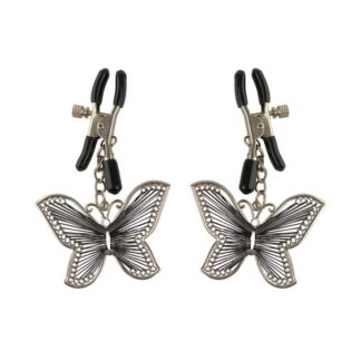 Pinces à tétons réglables Morsure de l'Oasis en métal argenté avec pendentifs papillons et embouts de protection noirs.