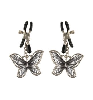 Pinces à tétons réglables Morsure de l'Oasis en métal argenté avec pendentifs papillons et embouts de protection noirs.