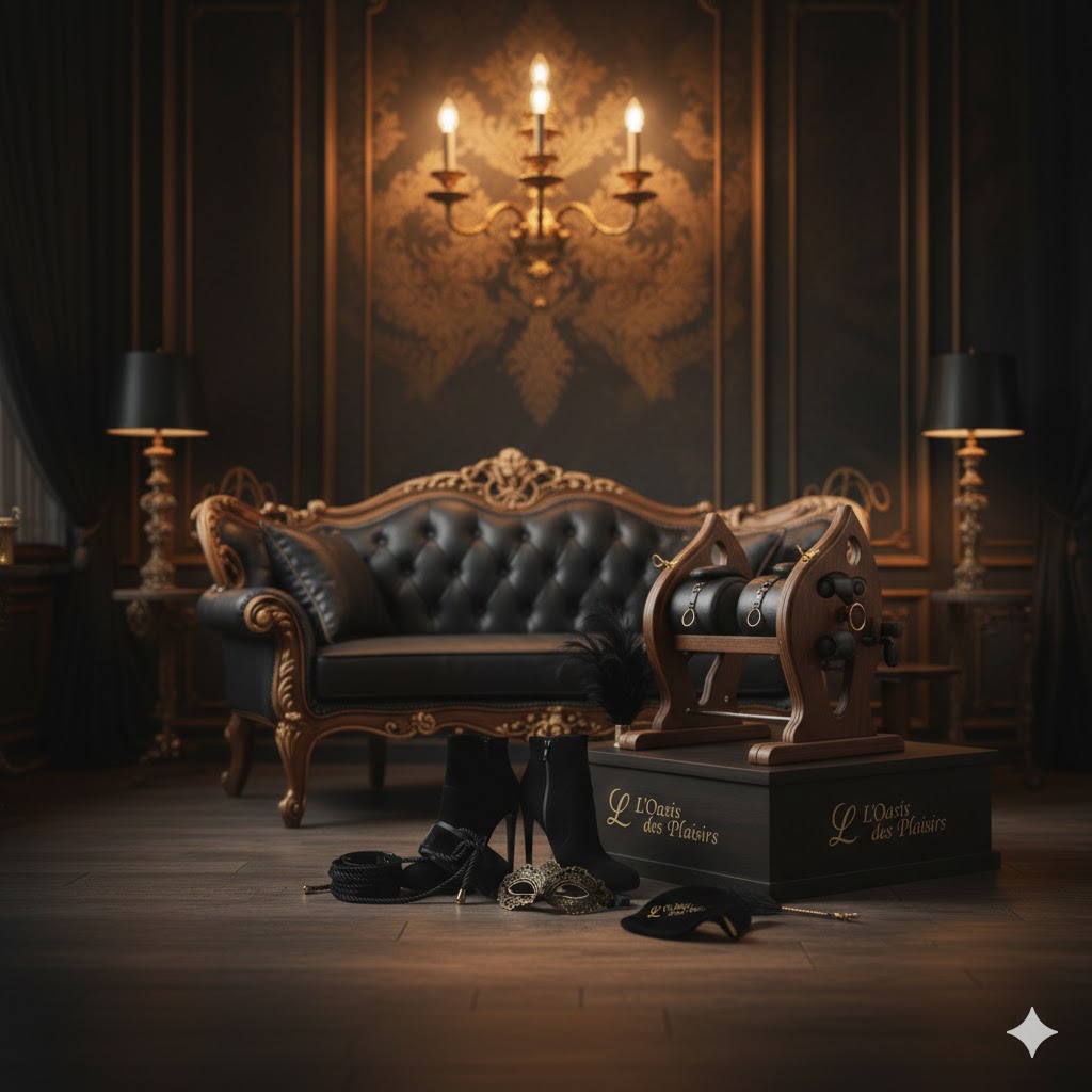 Salon érotique de prestige avec canapé baroque, banc de plaisir en bois et coffret logoté L'Oasis des Plaisirs