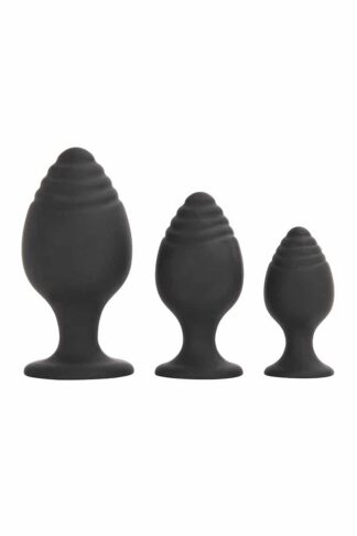 Coffret de plugs anaux en silicone noir avec base ventouse - Trilogie de Velours