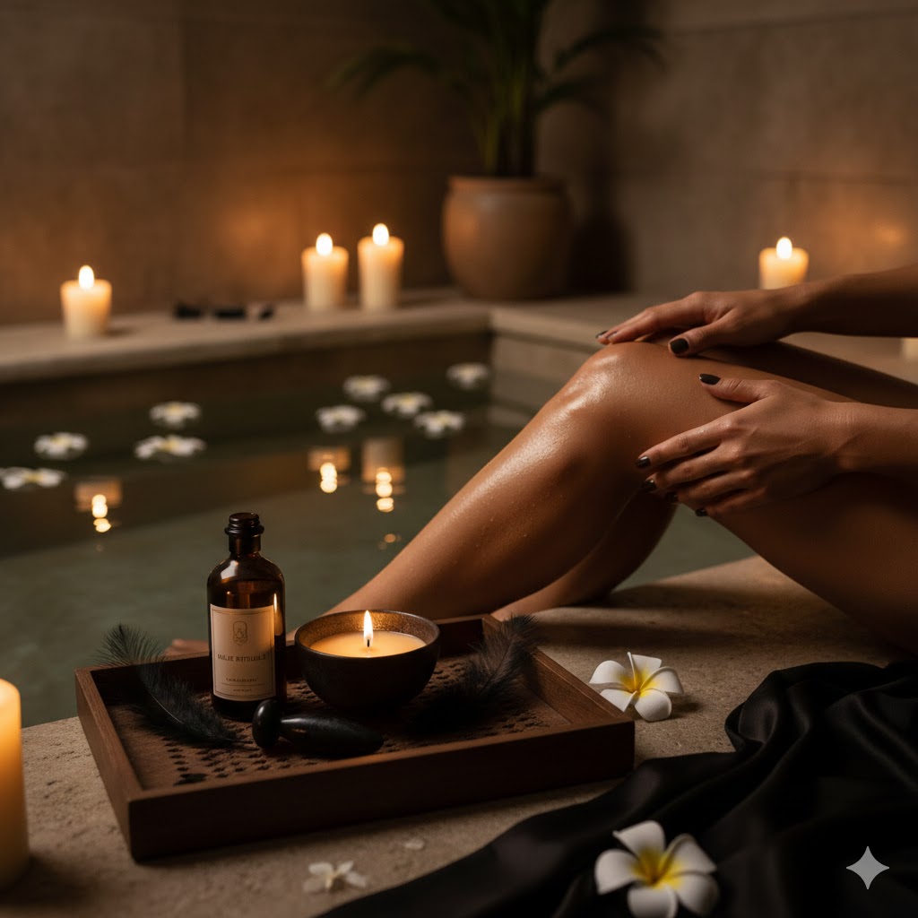 Massage sensuel à l'huile sur peau bronzée, ambiance spa de luxe avec bougies et accessoires.