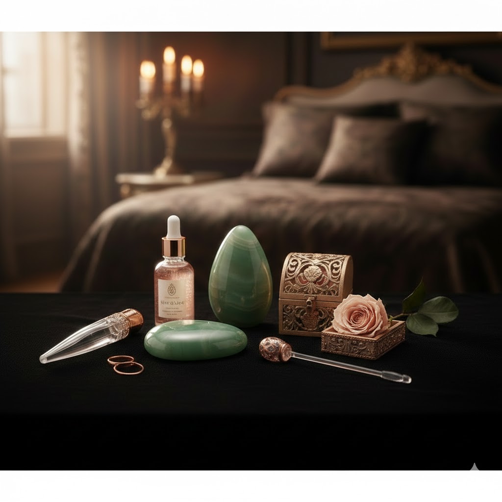 Accessoires de plaisir féminin et pierres de jade disposés sur un velours noir avec une rose, dans une chambre de luxe tamisée