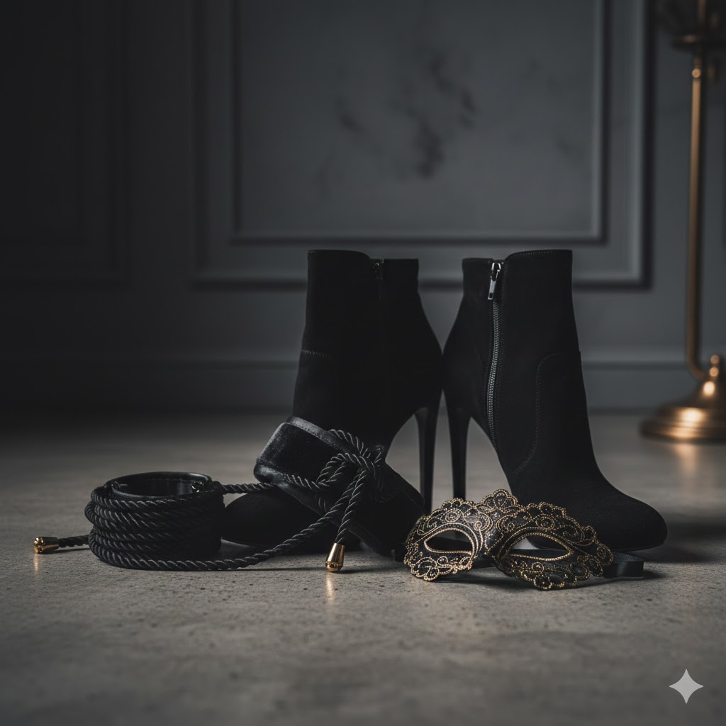 Accessoires BDSM soft de luxe comprenant un masque vénitien noir et doré, une corde en soie et des bottines à talons aiguilles dans une ambiance tamisée