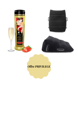 Composition élégante présentant le pack L'Escale de la Dune avec une bouteille d'huile de massage Shunga dorée, une coupe de champagne, des fraises fraîches et le coussin de position Master Ultra noir en deux vues sur fond blanc.