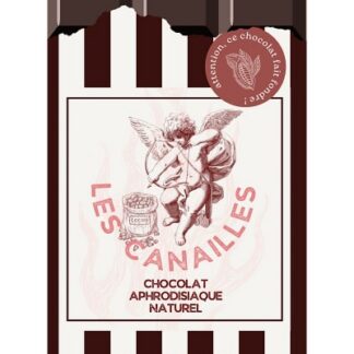 Tablette de chocolat noir aphrodisiaque naturel avec illustration d'un ange Cupidon et packaging à rayures vintage.