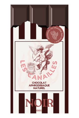 Tablette de chocolat noir aphrodisiaque naturel avec illustration d'un ange Cupidon et packaging à rayures vintage.