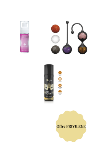 Pack bien-être Éclat et Secret comprenant le kit Secret de Femme, le lubrifiant Sérum Marin et le gel Onde Tropicale sur fond blanc.