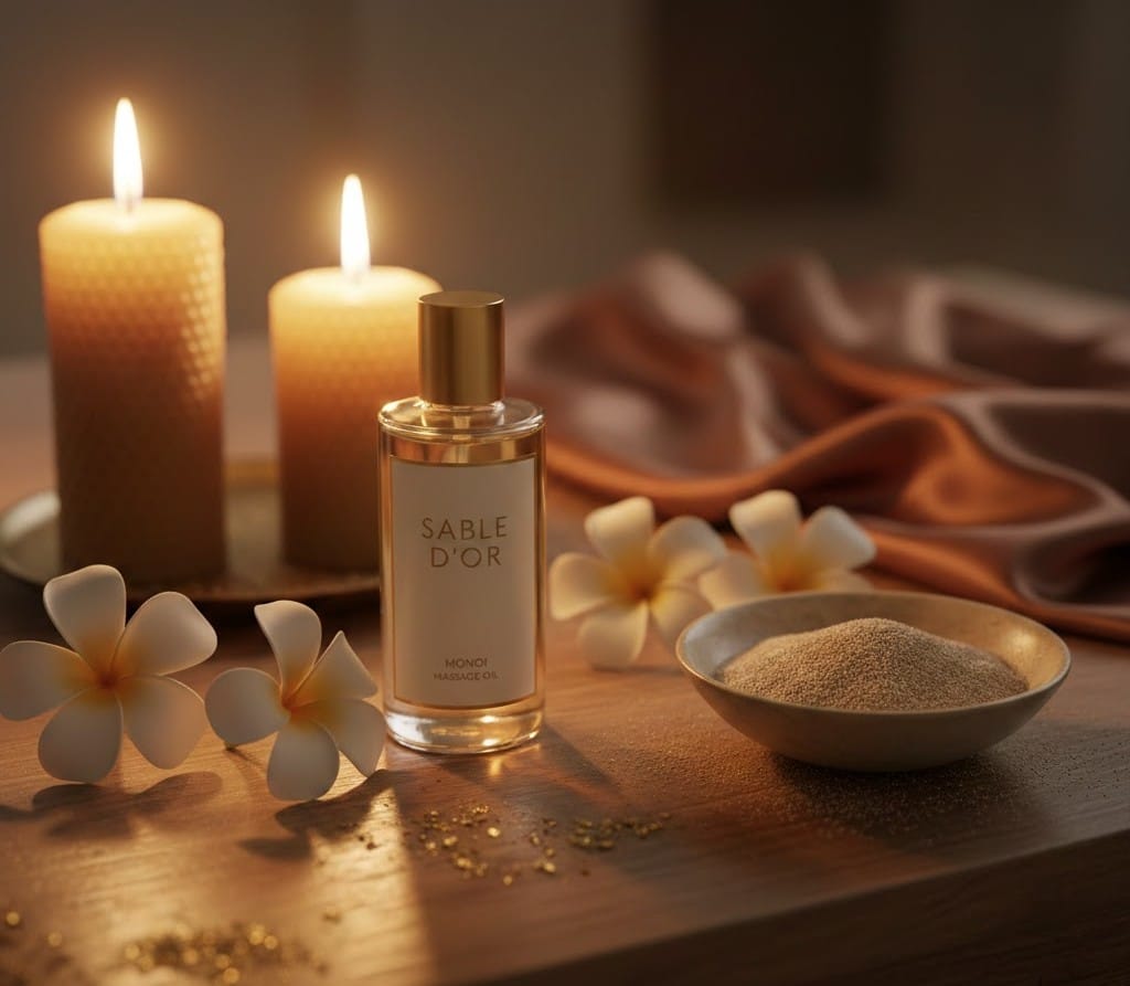 Flacon d'huile de massage bio Sable d'Or au Monoï entouré de fleurs de tiaré et de bougies allumées, ambiance chaleureuse.