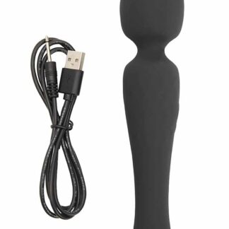 Vibromasseur Wand noir L'Éclat de l'Oasis en silicone avec son câble de recharge USB pour stimulation clitoridienne.