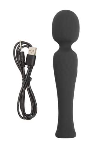 Vibromasseur Wand noir L'Éclat de l'Oasis en silicone avec son câble de recharge USB pour stimulation clitoridienne.