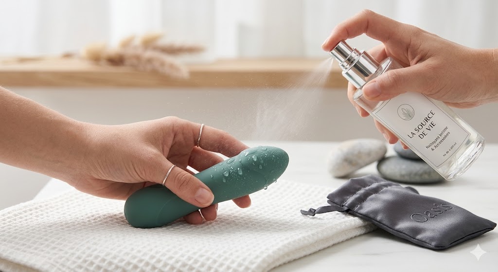 Nettoyage d'un accessoire intime en silicone vert d'eau avec le spray La Source de Vie