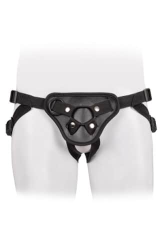 Harnais gode-ceinture noir ajustable L'Armure des Soupirs sur mannequin blanc, vue de face.