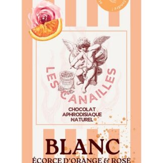 Tablette de chocolat blanc aphrodisiaque Rosée de l'Oasis, packaging à rayures orange saumon et illustration de rose et d'orange.