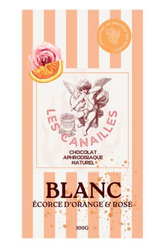 Tablette de chocolat blanc aphrodisiaque Rosée de l'Oasis, packaging à rayures orange saumon et illustration de rose et d'orange.