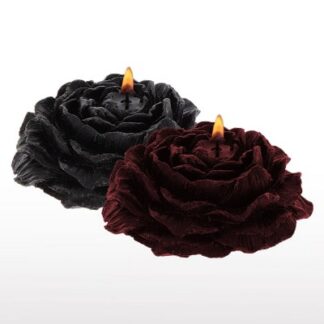 Duo de bougies de massage BDSM Roses de l'Oasis sculptées en cire basse température noire et bordeaux.