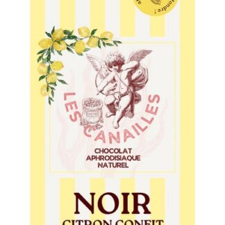Tablette de chocolat noir au citron aphrodisiaque Sable d'Agrumes, packaging rayé jaune et blanc avec citrons d'Italie.
