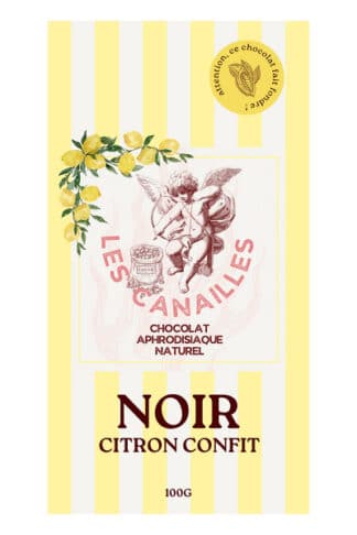Tablette de chocolat noir au citron aphrodisiaque Sable d'Agrumes, packaging rayé jaune et blanc avec citrons d'Italie.