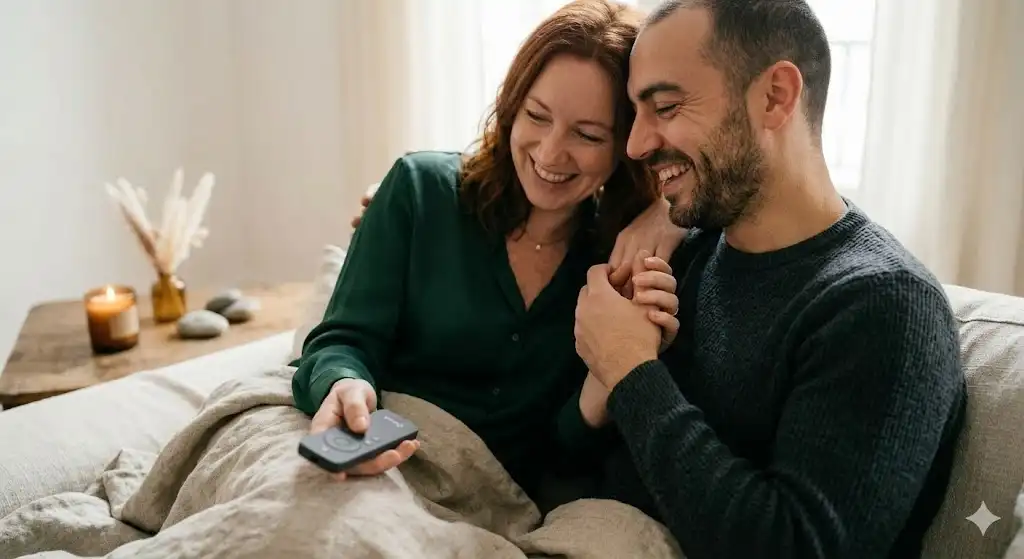 Couple complice découvrant des jeux pour l'intimité à l'Oasis