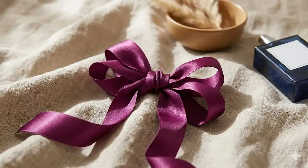 Nœud en satin pourpre sur un drap en lin pour l'art de l'entrave au satin