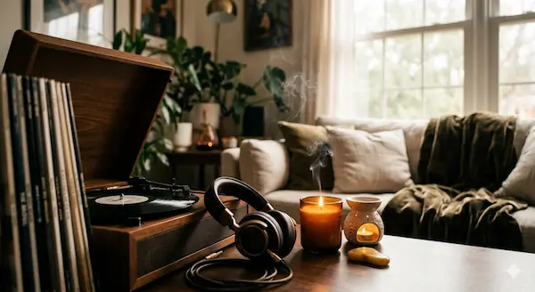 Une ambiance feutrée et sensorielle avec un casque audio en cuir haut de gamme, des vinyles, un large coussin de positionnement en velours gris, une bougie et une huile de massage parfumée, illustrant l'ambiance sonore érotique.