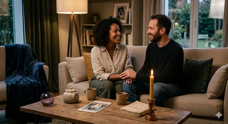 Un couple complice discutant de la manière de parler de ses fantasmes dans un salon cosy et chaleureux.